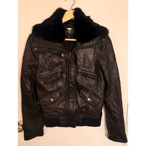 7 For All Mankind Black Lambskin Leather Moto Jacket Detachable Rabbit Fur